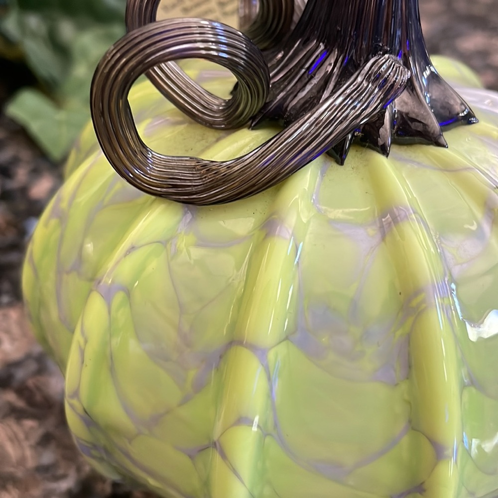 Bobby Bowes Art Glass Pumpkin! Green, Silver & Purple Swirled Glass! Signed!